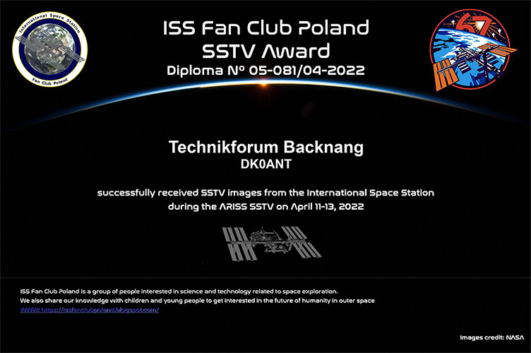 ISS Fan Club Poland SSTV Award Diplom APRIL 2022